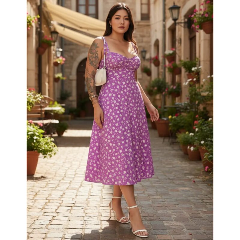 Vestido Midi Estampado Floral Com Fenda Lateral E Bojo