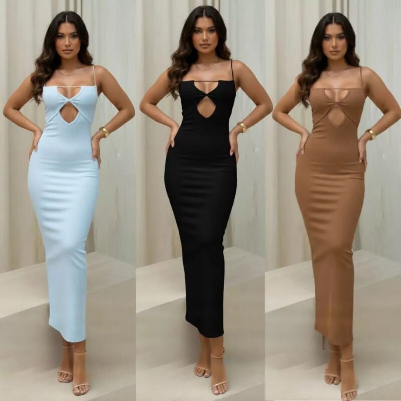 Vestido Feminino Longo Com Decote Abertura Nos Seios Alcinha Moda Feminina Dia A Dia Verao Liso Luxo