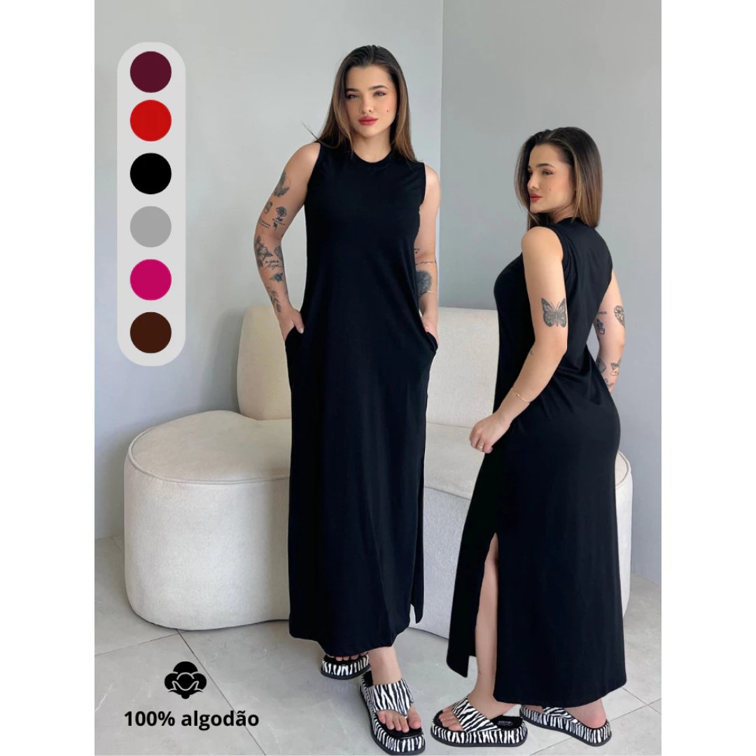 Vestido Feminino Longo Soltinho Tendência Moda Blogueira Casual Elegante Algodão