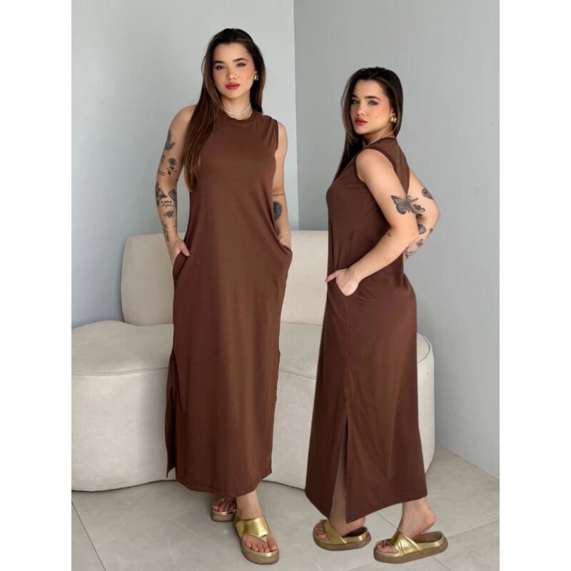 Vestidos Feminino Longo Com Bolso e Fenda nas Laterais Cavado Algodão Alta Qualidade Premium