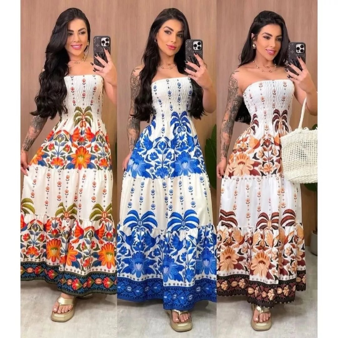 Vestido Tropical Longo Tomara que Caia Estampado – Moda Feminina 2026 ENTREGA RAPIDA