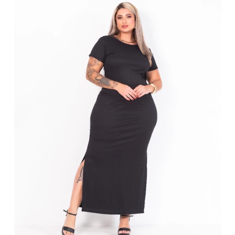 Vestido Manga Canelado Modelo Curvy Plus Size Verão Fenda Lateral Manga Curta Longo Gestante Grávida Evangélico Modinha