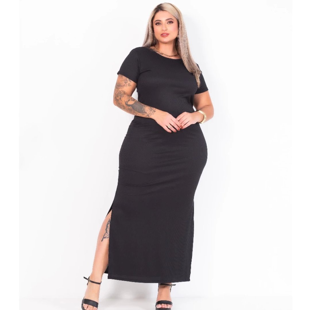 Vestido Manga Canelado Modelo Curvy Plus Size Verão Fenda Lateral Manga Curta Longo Gestante Grávida Evangélico Modinha