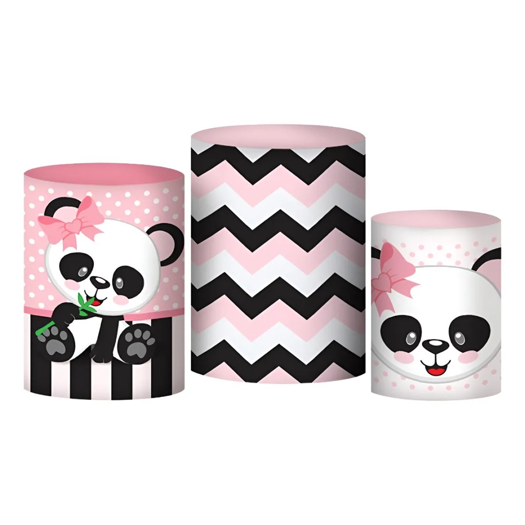 Trio Capa Cilindro Decoração Festa 3d Em Tecido Veste Fácil Cor Panda Rosa
