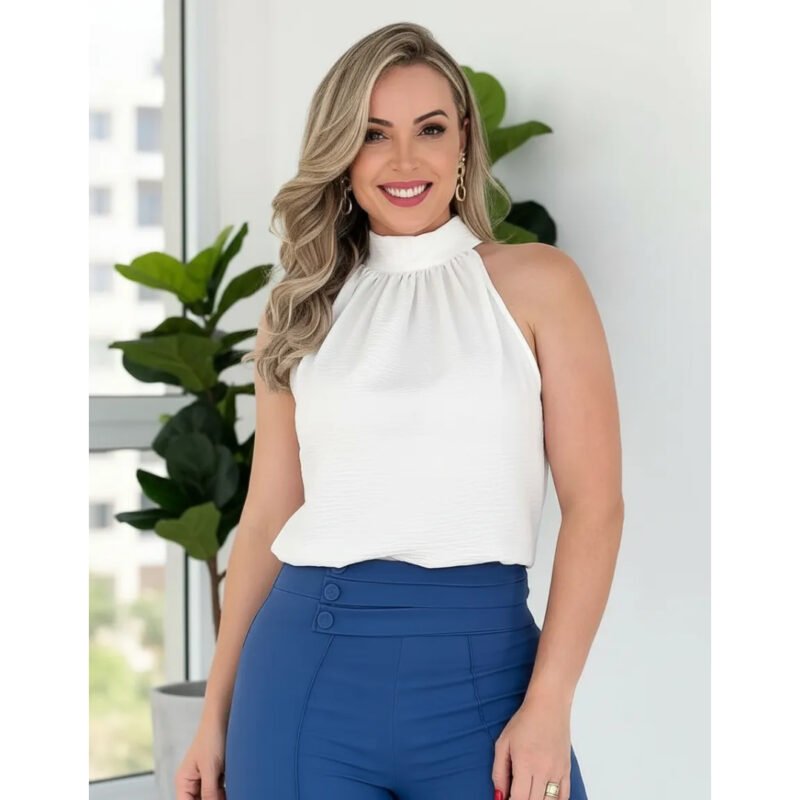 Blusa Feminina Regata Gola Alta Plissada Elegante