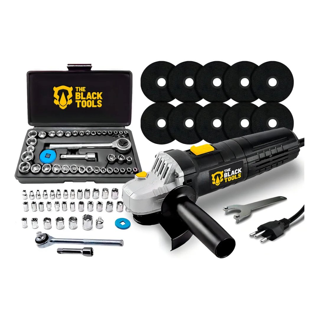 Esmerilhadeira Lixadeira Angular 4.1/2 Profissional + Kit De Soquetes 40 Peças + Discos de Corte The Black Tools
