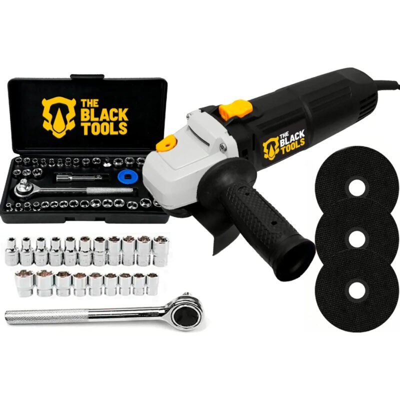 Esmerilhadeira Lixadeira Angular 780W 4.1/2 115mm BTA780 The Black Tools Com Jogo Soquetes 40 Peças E Discos Corte