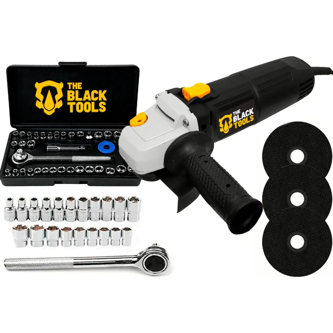 Esmerilhadeira Lixadeira Angular 780W 4.1/2 115mm BTA780 The Black Tools Com Jogo Soquetes 40 Peças E Discos Corte