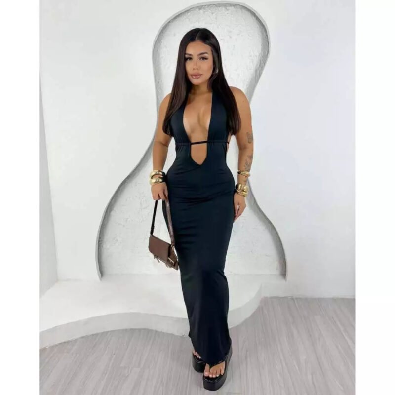 VESTIDO KYLIE BATA DECOTADO COSTA NUA LONGO COM REGULAGEM