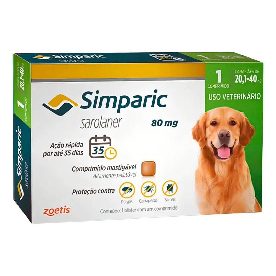 Antipulgas E Carrapatos Simparic 80mg 20,1 A 40kg – Caixa com 1 Comprimido – Zoetis