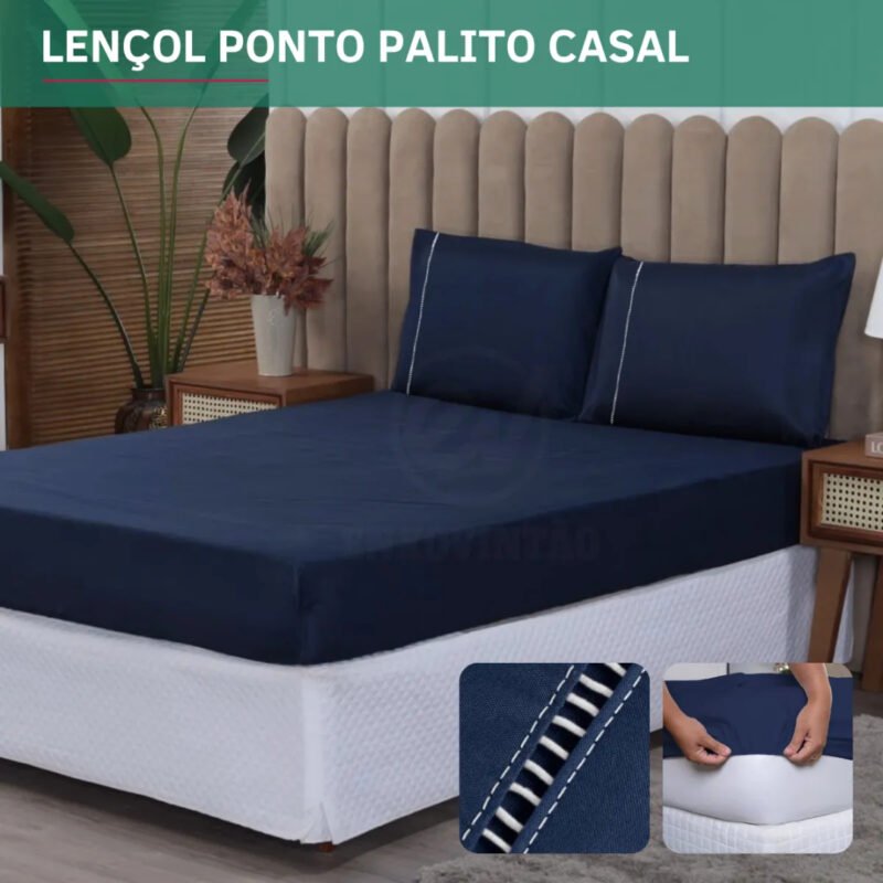 Jogo De Cama Casal Padrão 3 Peças Fronha Ponto Palito C/ Elástico 400 Fios Toque Acetinado Hotel Cor Azul Marinho