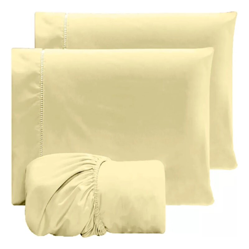 Jogo De Lençol Casal Percal 400 Fios 3 Peças Conforto Macio Cor Palha Desenho Do Tecido Liso