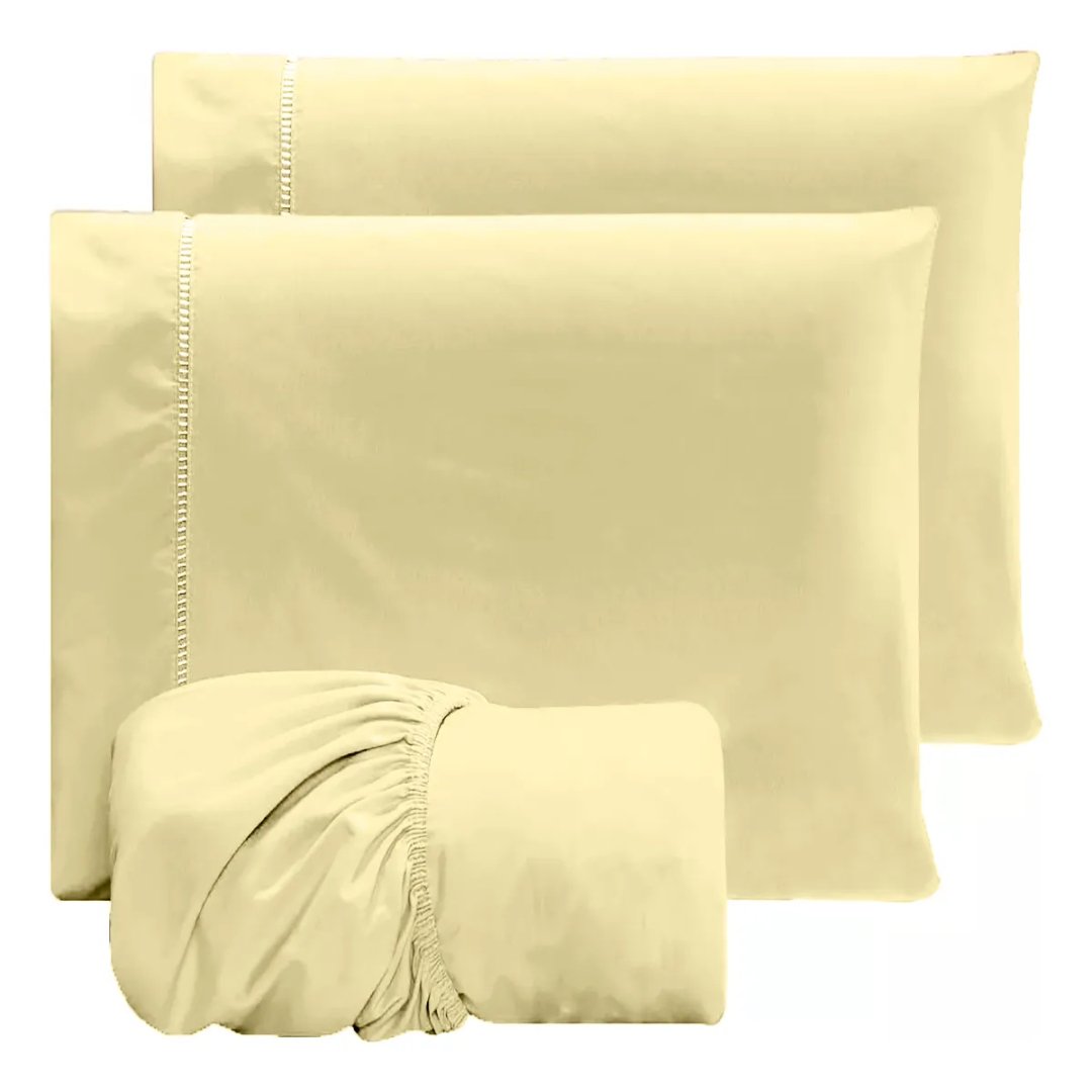 Jogo De Lençol Casal Percal 400 Fios 3 Peças Conforto Macio Cor Palha Desenho Do Tecido Liso