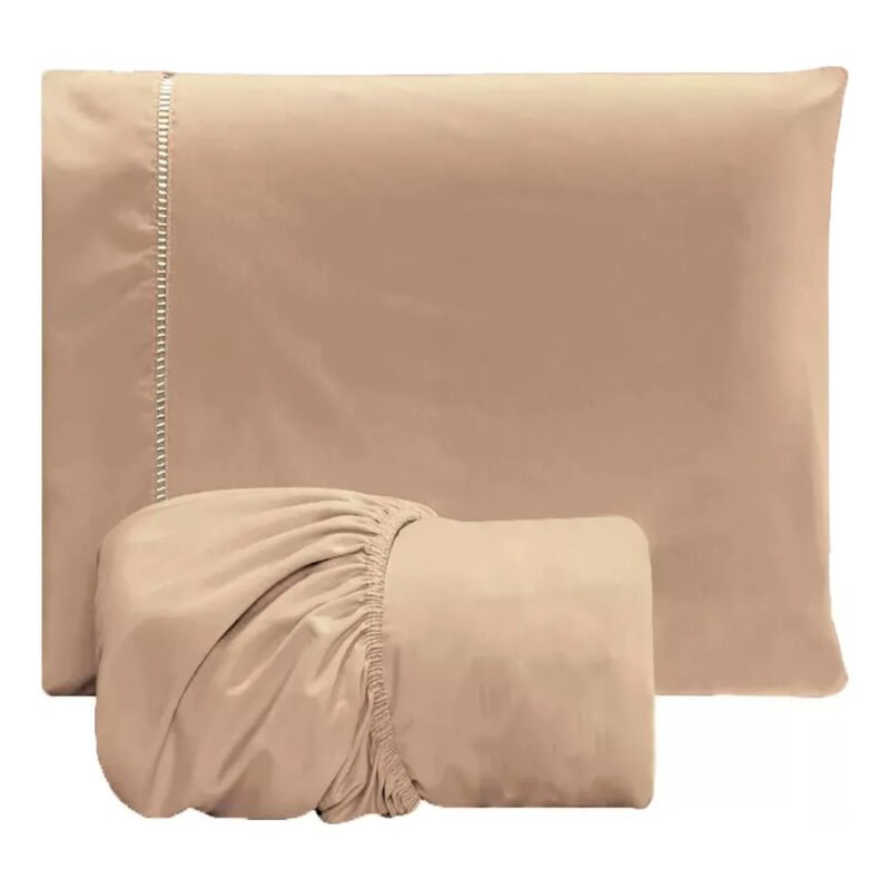 Jogo Lençol 2 Peças Solteiro Hipercal 400 Fios Leve Luxo Cor Bege Desenho do tecido Liso