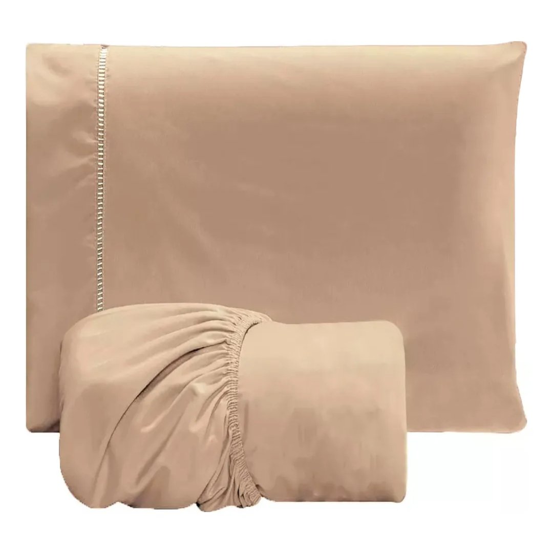 Jogo Lençol 2 Peças Solteiro Hipercal 400 Fios Leve Luxo Cor Bege Desenho do tecido Liso