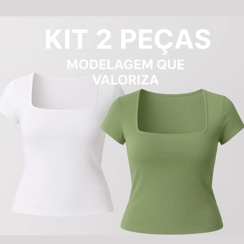 Kit 2 Blusas Femininas Decote Quadrado Manga Curta Casual
