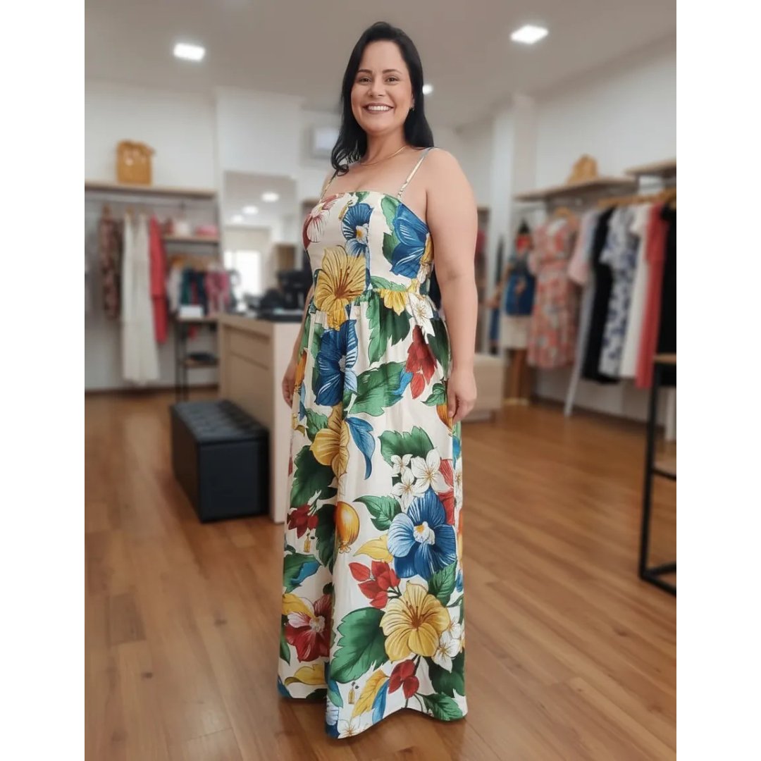 Vestido Midi/longo Estampado Camadas Elegante E Confortável