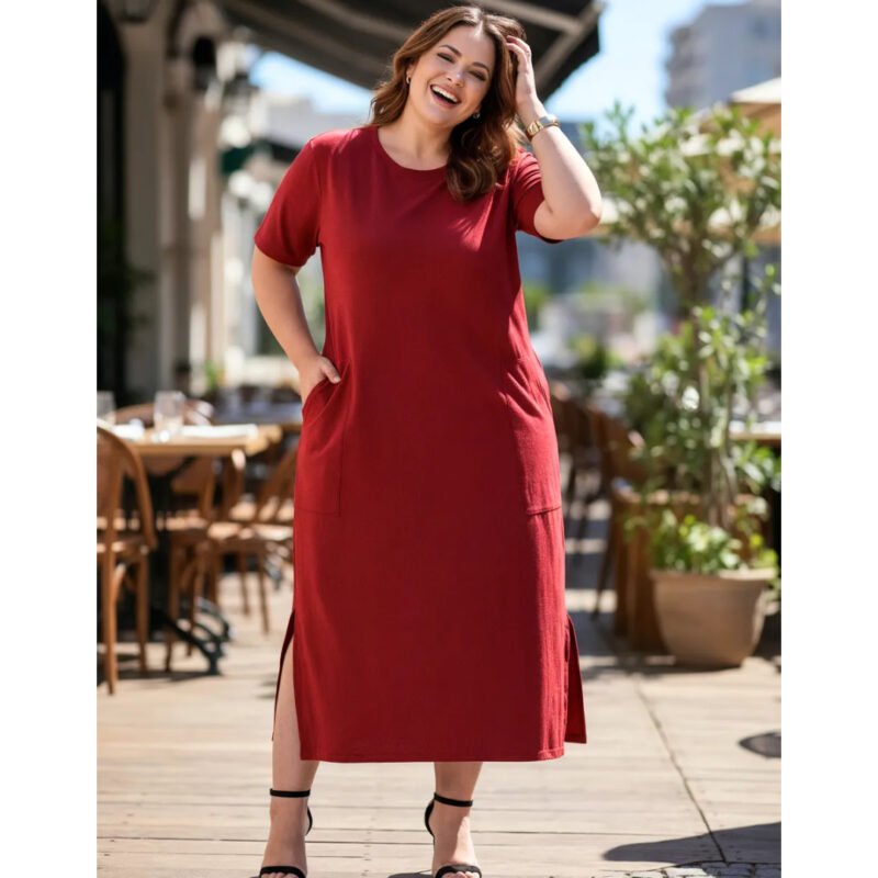 Vestido Feminino Plus Size Longo Casual Moderno Com Bolso