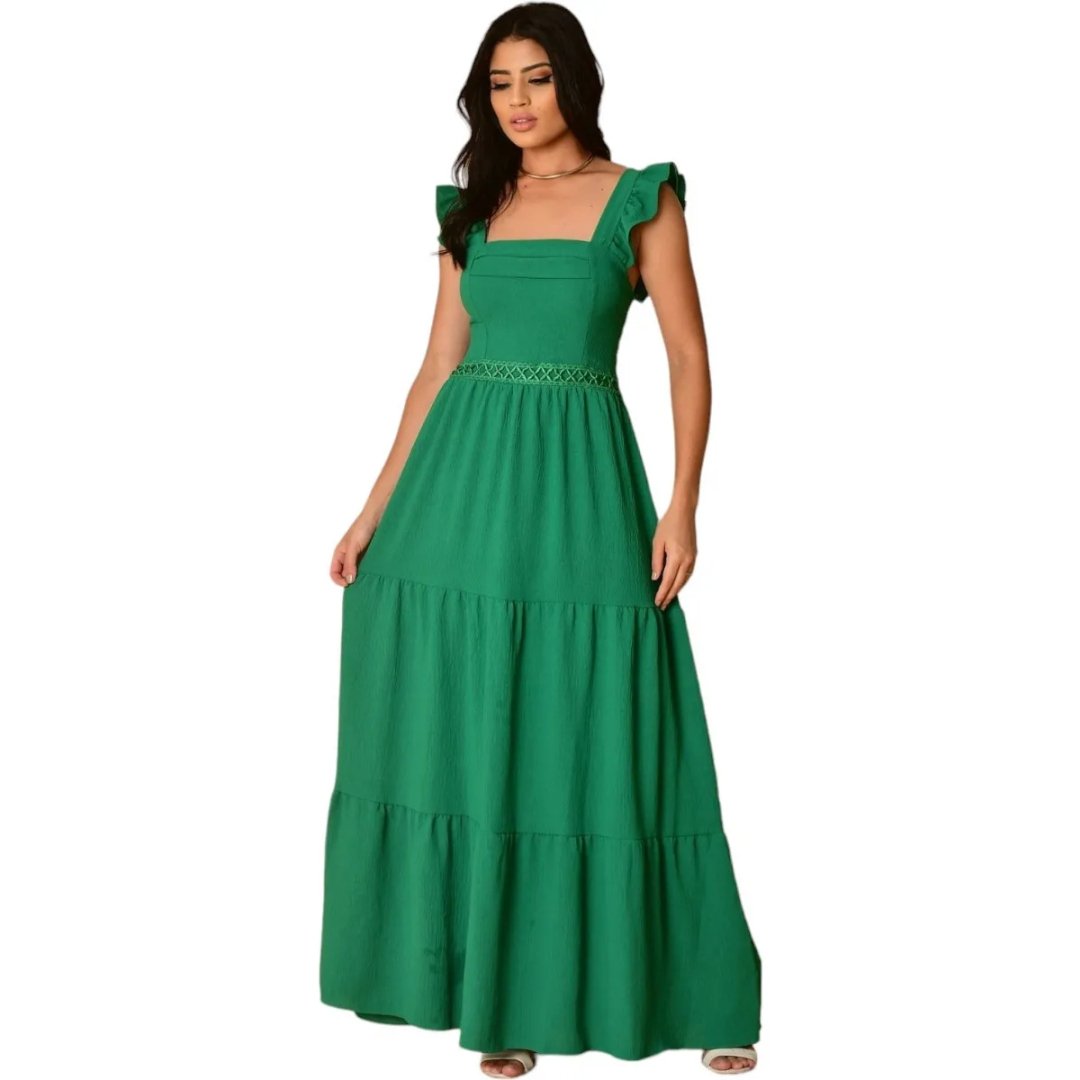 Vestido Longo Luxo Com Babada Na Mangas E Renda Na Cintura