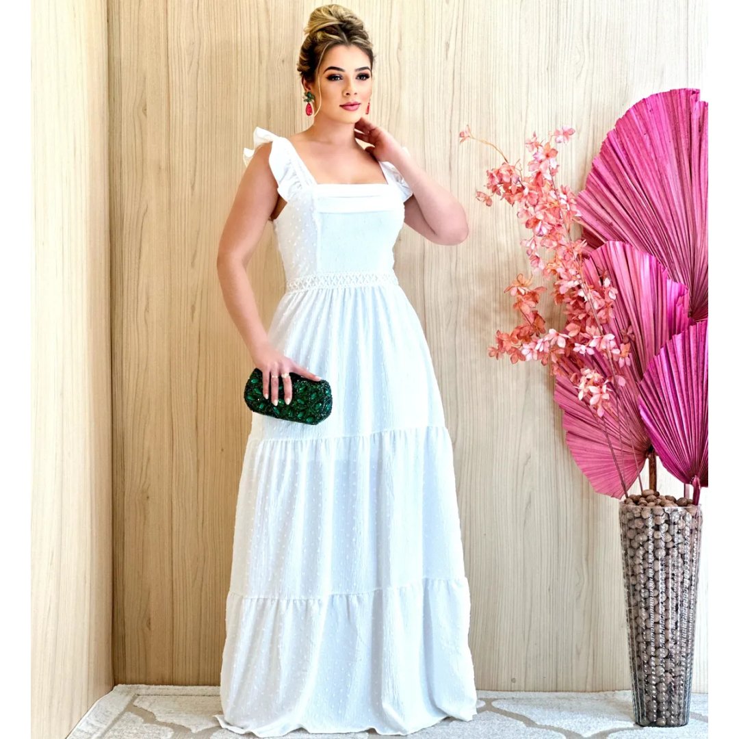 Vestido Longo Luxo Com Babada Na Mangas E Reda Na Cintura