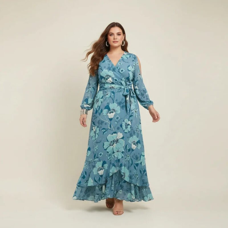 Vestido Longo Floral Crepe Manga Longa Plus Size Festa