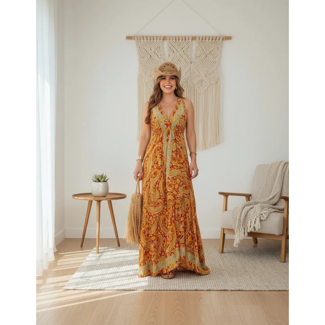 Vestido Longo Indiano Hippie Boho Seda Lastex Estampado