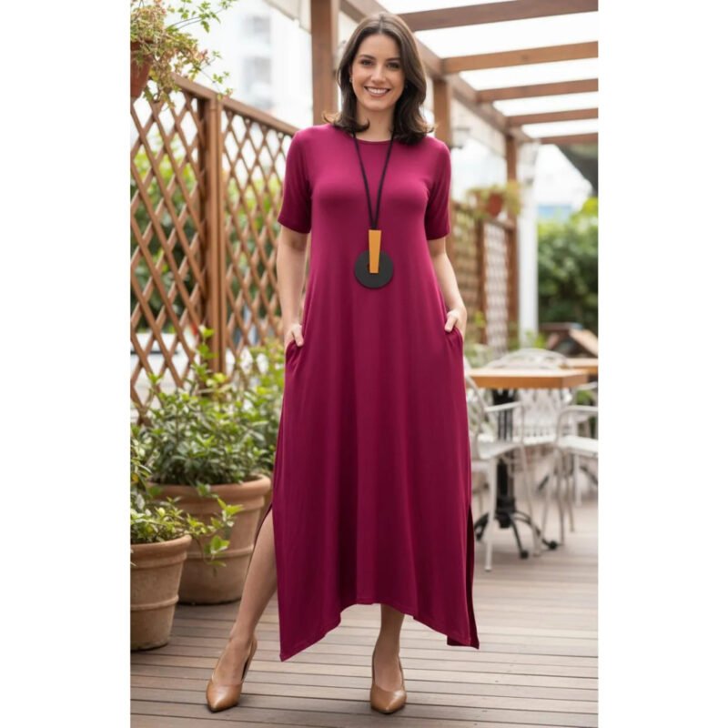 Vestido Maxi Longo Assimétrico Manga Curta