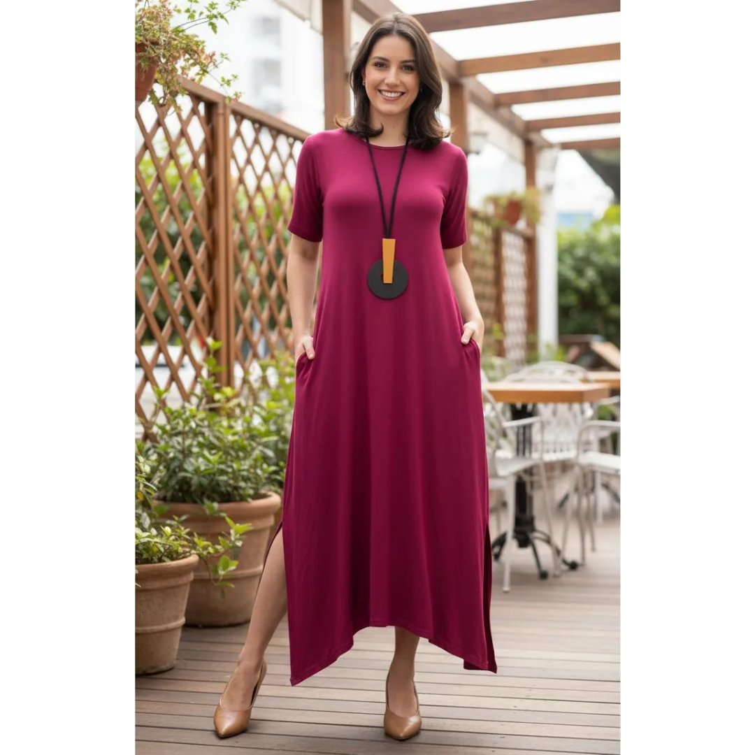 Vestido Maxi Longo Assimétrico Manga Curta