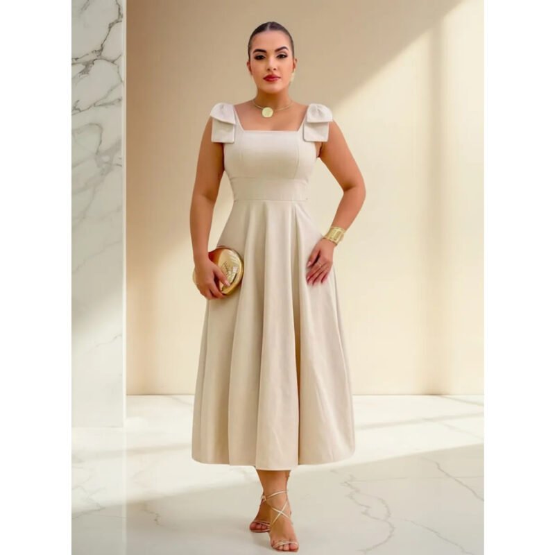 Vestido Longo De Linho Com Lacinho No Ombro Bojo