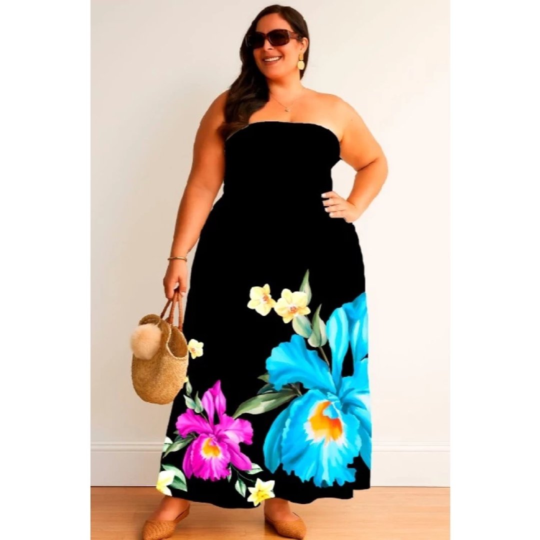 Vestido Longo Femenino PLUS SIZE Estampa FLORAL GRANDE
