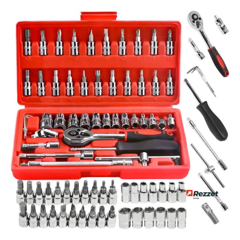 Kit Jogo De Ferramentas Marca Quicko Profissional 46 Peças Chave Fenda Philips Soquete 1/4 Em Aço Crv Resistente Completo Para Manutenção Carro Moto Casa Vermelho