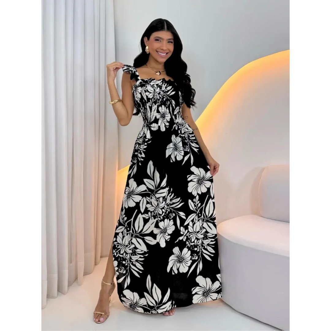 Vestido Longo Feminino Casual Lastex Alcinha Fenda Barato