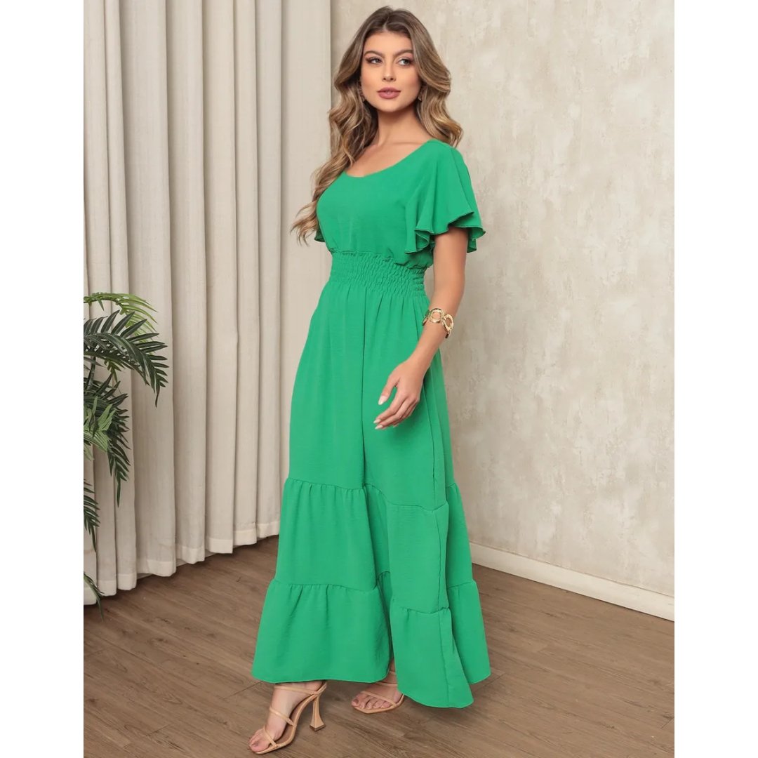 Vestido Longo Com Manguinhas Confortável Lastex Elegante Longo