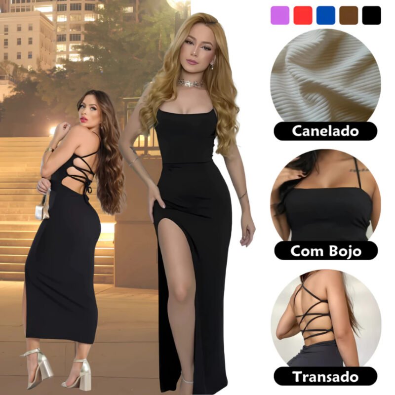 Vestido LONGO elegante com costas nuas trançadas Fenda Lateral Empina Bumbum Colado Novo
