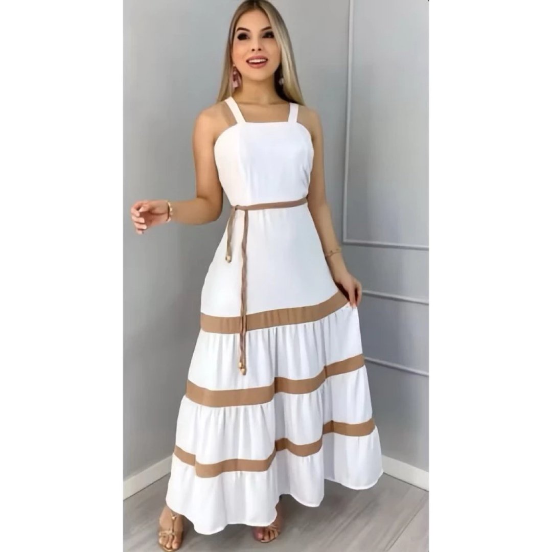 Vestido Longo Liso Feminina Bicolor com forrto Casual Tecido Duna H-11