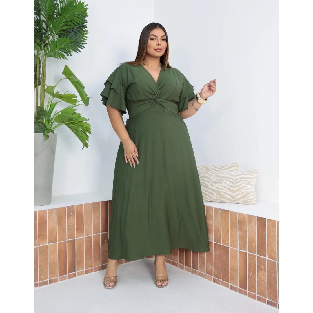 Vestido Plus Size Longo Com Decote Cruzado E Manga Babada