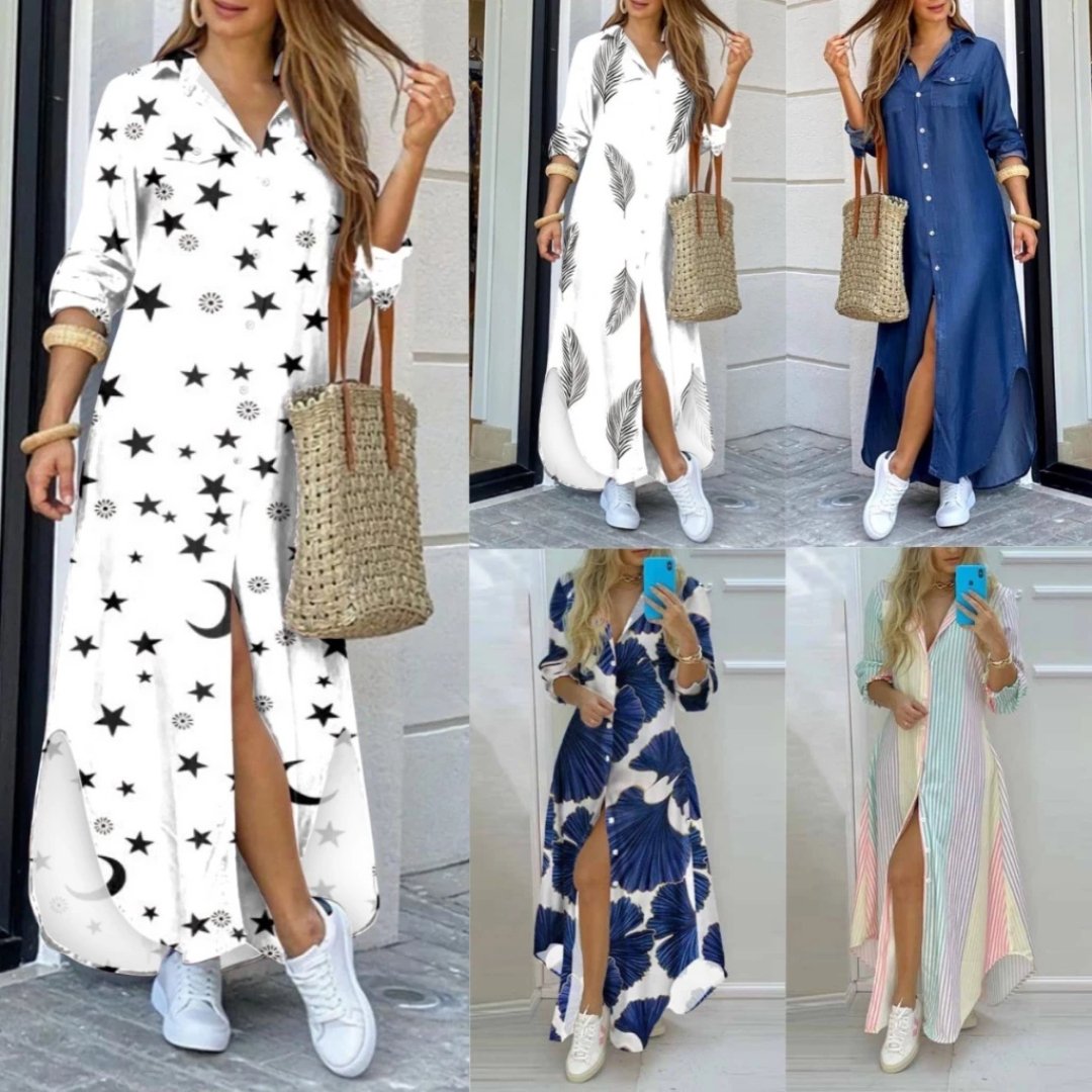 Vestido Camisa Solta Manga Longa Com Botão V De Manga E Estampa Casual Escritório Longos Para