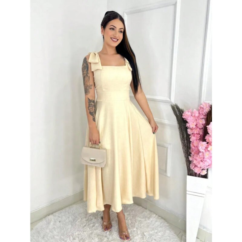 Vestido Midi Luxo Lisa Duna Linho Com Laço Na Manga 0150