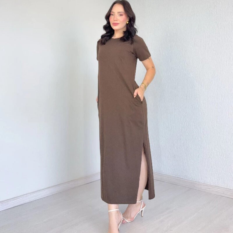 Vestido Longo Moda Verão Com Bolso e Fenda Algodão