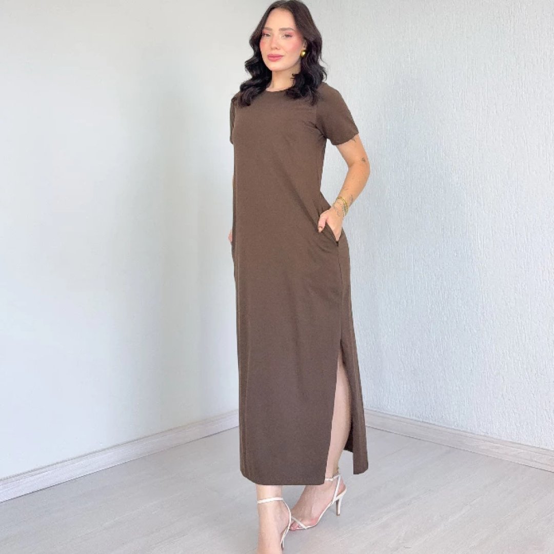 Vestido Longo Moda Verão Com Bolso e Fenda Algodão