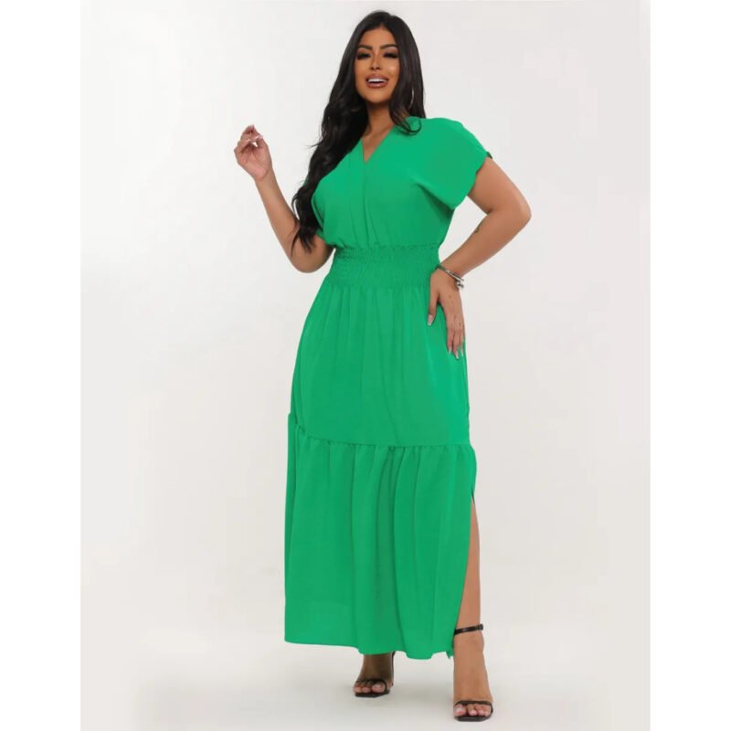 Vestido Longo Feminino Evangélico Gola V Detalhe Em Lastéx