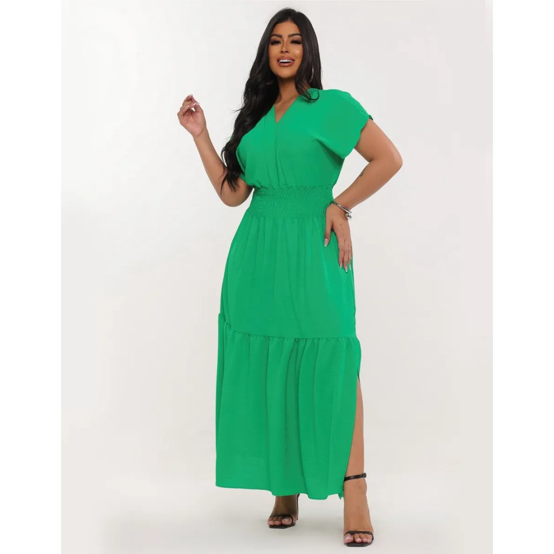 Vestido Longo Feminino Evangélico Gola V Detalhe Em Lastéx