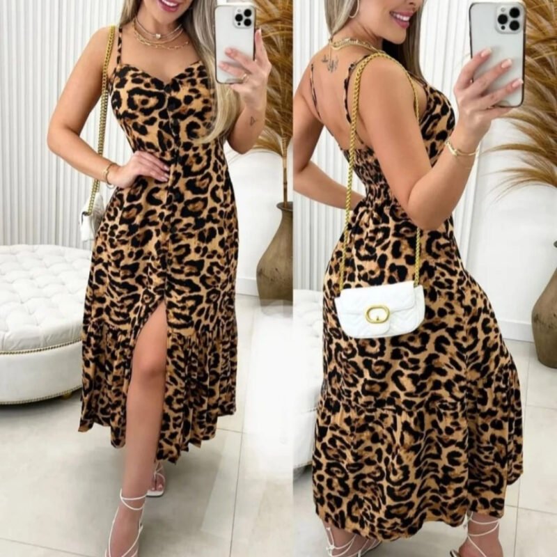 Vestido Midi longo Crepinho Com Bojo e Botões na onça e bolinha