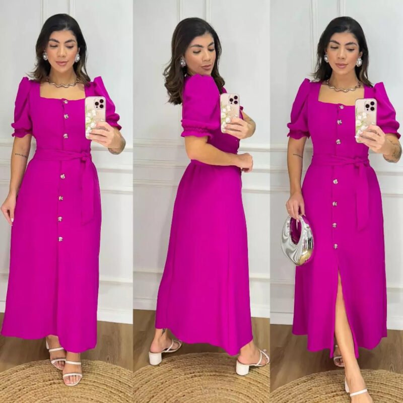 Vestido Longo Liso com Botões e Cinto – Manga Bufante – Modelo Elegante com Elastex
