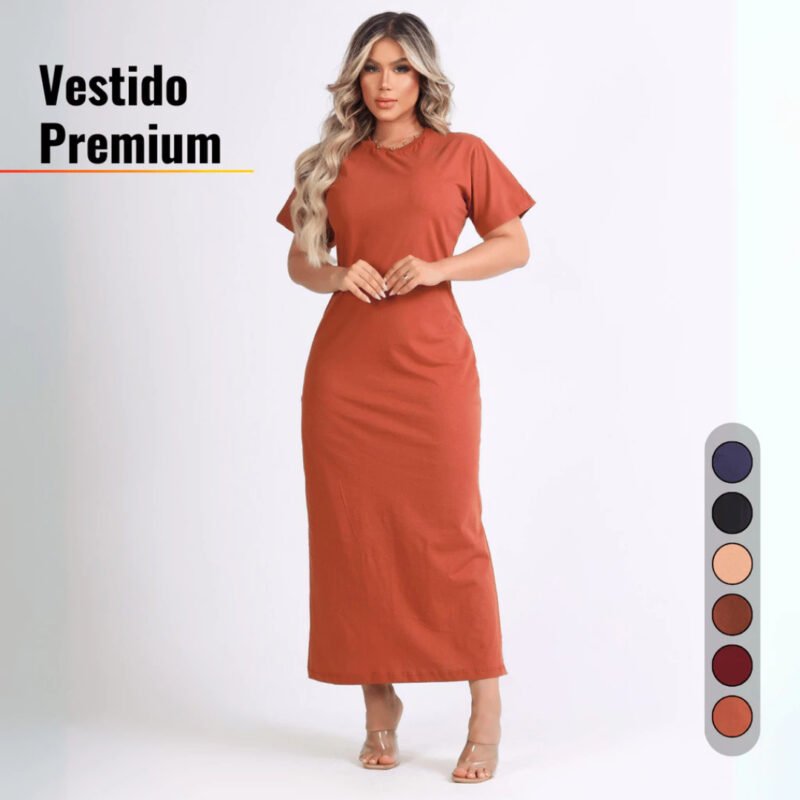 Vestido Feminino Longo Manga Curta 100% Algodão Gola Ribana Boho Chick Moda Casual Outono Inverno