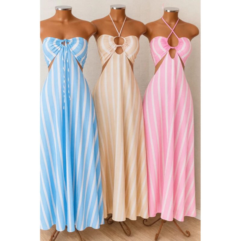 Vestido Longo Listrado Cut Out Verão 2026 – Moda Praia Elegante
