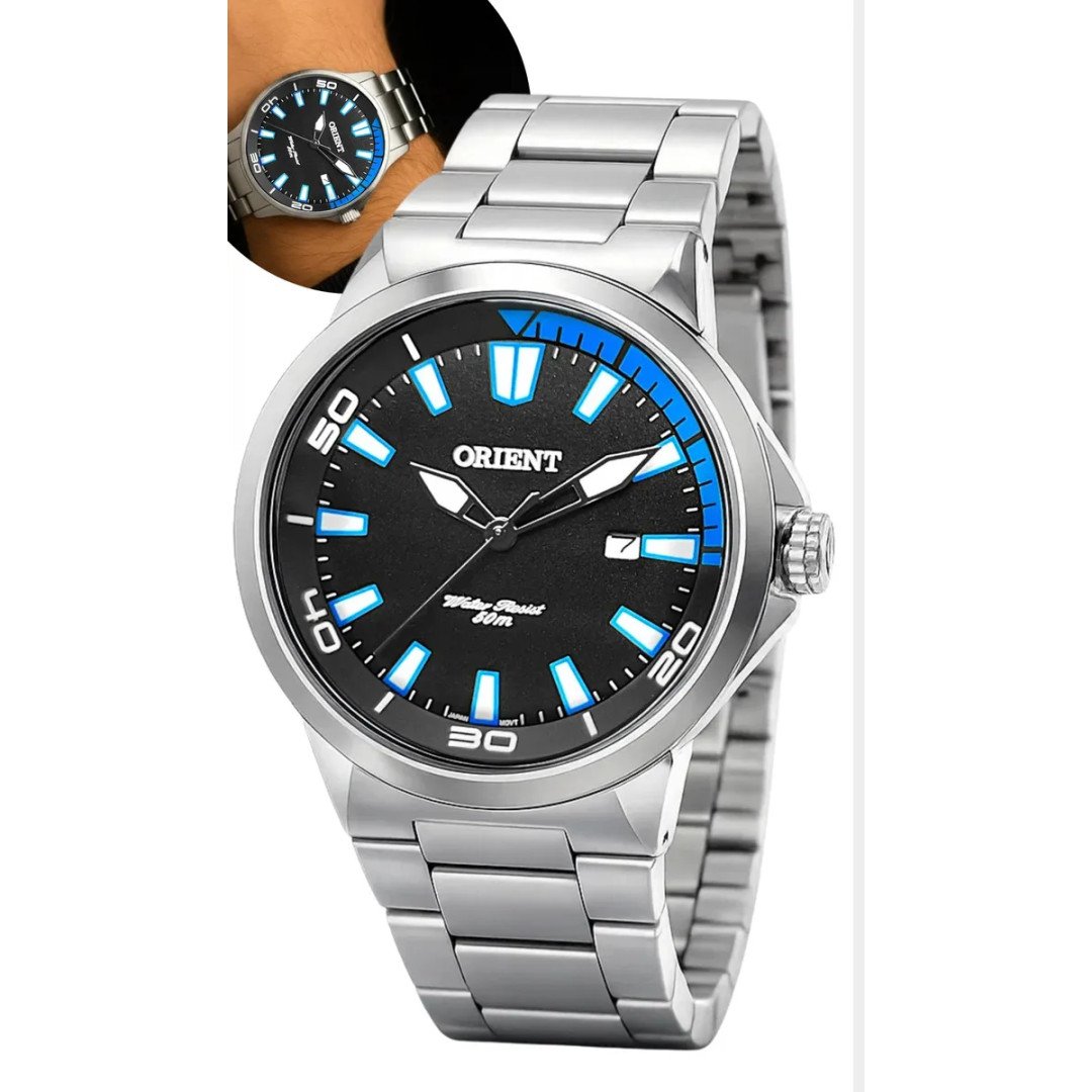Relógio de pulso Orient MBSS1196A com Correia de aço cor prateado Fundo preto/azul