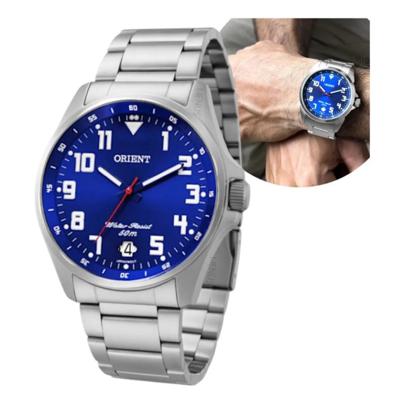 Relógio de pulso Orient Analógico com Correia de aço inoxidável cor prata – Fundo azul