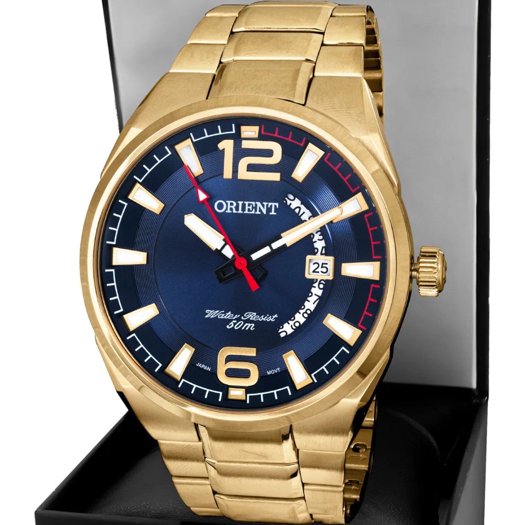 Relógio de pulso Orient MGSS1159 com Pulseira de aço inoxidável cor dourado Fundo azul