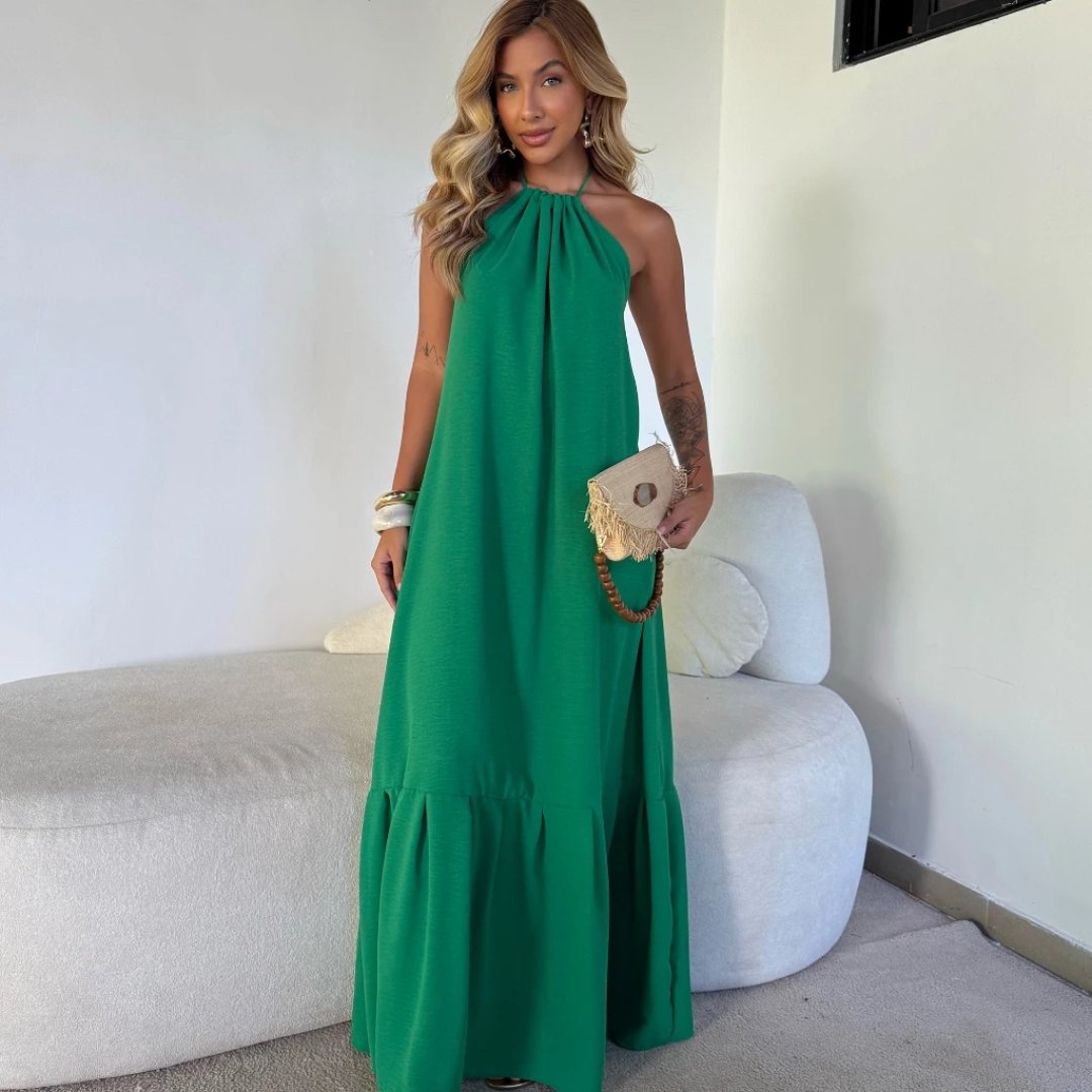 Vestido Longo Luxo Decote nas Costas Tecido Duna Premium Elegância e Conforto